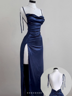 Navy Blue Spaghetti Strap Bodycon Satin  Elegant Prom Dress Backless Party Dress
