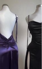 Navy Blue Spaghetti Strap Bodycon Satin  Elegant Prom Dress Backless Party Dress