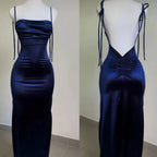 Navy Blue Spaghetti Strap Bodycon Satin  Elegant Prom Dress Backless Party Dress