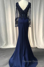 Navy Blue Spandex Long Sleeves Mermaid Evening Dress, Navy Blue Prom Dress