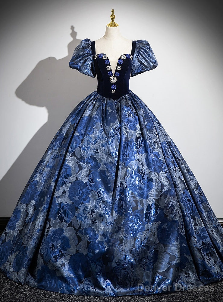 Navy Blue Sqwuare Puff Sleeve Crystal Quinceanera Dress Main image