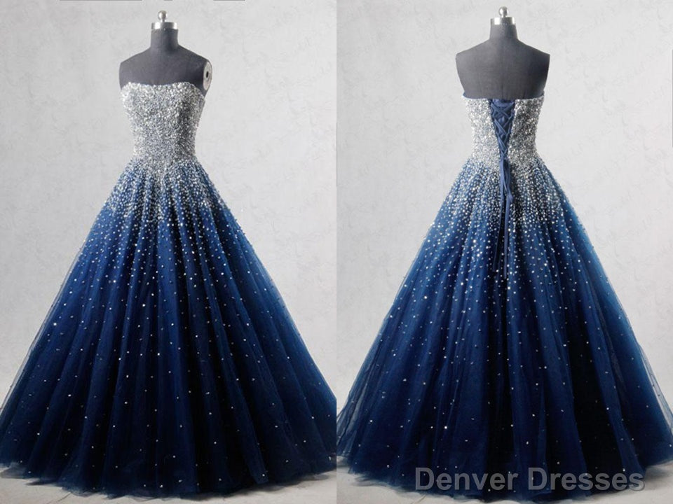Navy Blue Strapless Floor Length Prom Ball Gown with Beading Sequins, Prom Dresses,Formal Dresses Main image