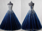 Navy Blue Strapless Floor Length Prom Ball Gown with Beading Sequins, Prom Dresses,Formal Dresses