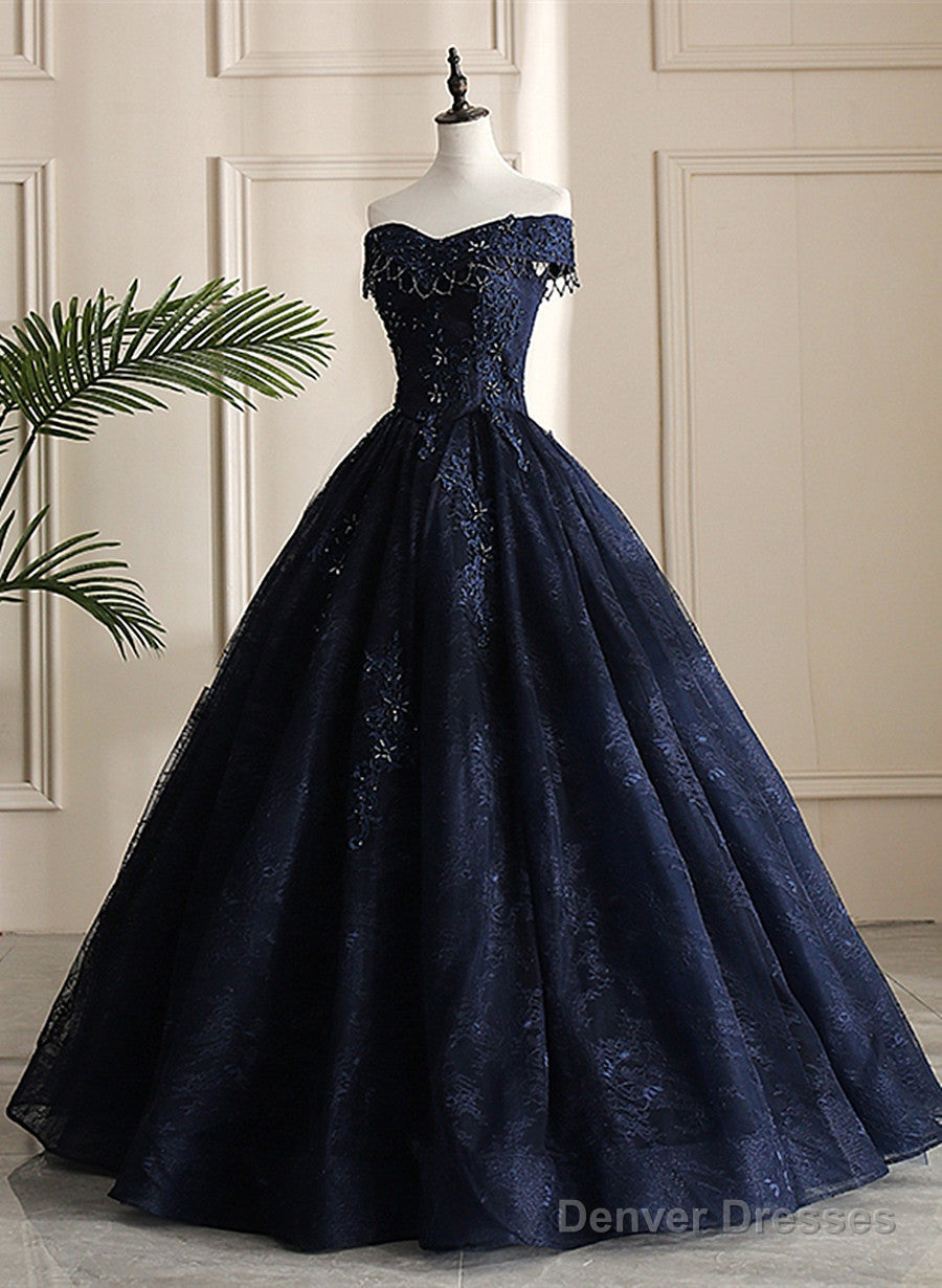 Navy Blue Sweetheart With Lace Applique Sweet 16 Dress, Blue Long Formal Dress Secondary image