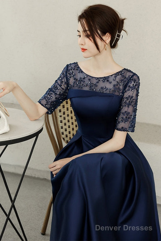 Navy Blue Tea Length Satin Short Sleeves Party Dress, Blue Wedding Party Dresses