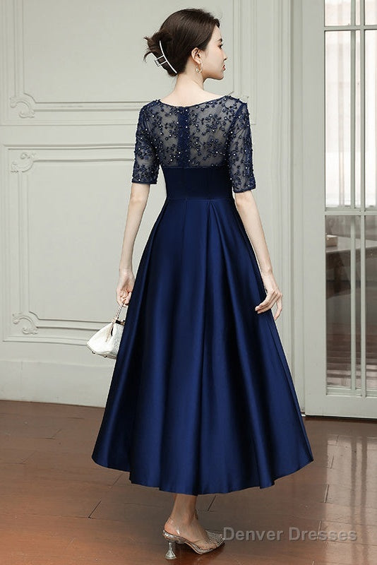 Navy Blue Tea Length Satin Short Sleeves Party Dress, Blue Wedding Party Dresses