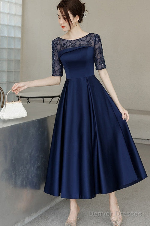 Navy Blue Tea Length Satin Short Sleeves Party Dress, Blue Wedding Party Dresses Main image
