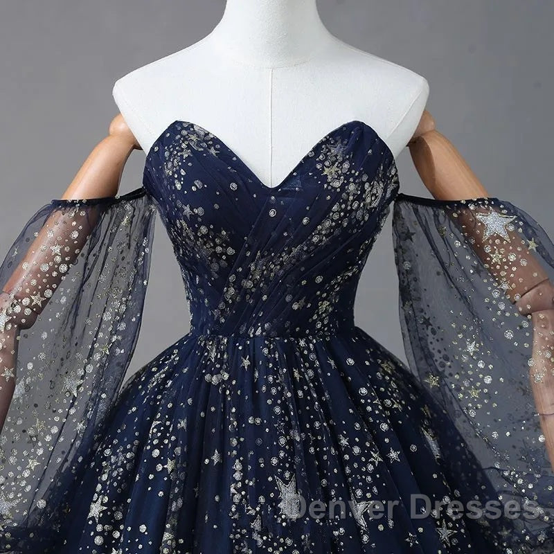Navy Blue Tulle A-Line Long Party Dress Evening Dress, Navy Blue Long Prom Dress Secondary image