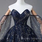 Navy Blue Tulle A-Line Long Party Dress Evening Dress, Navy Blue Long Prom Dress