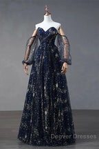 Navy Blue Tulle A-Line Long Party Dress Evening Dress, Navy Blue Long Prom Dress