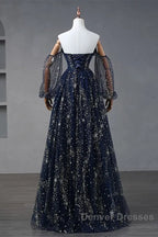 Navy Blue Tulle A-Line Long Party Dress Evening Dress, Navy Blue Long Prom Dress