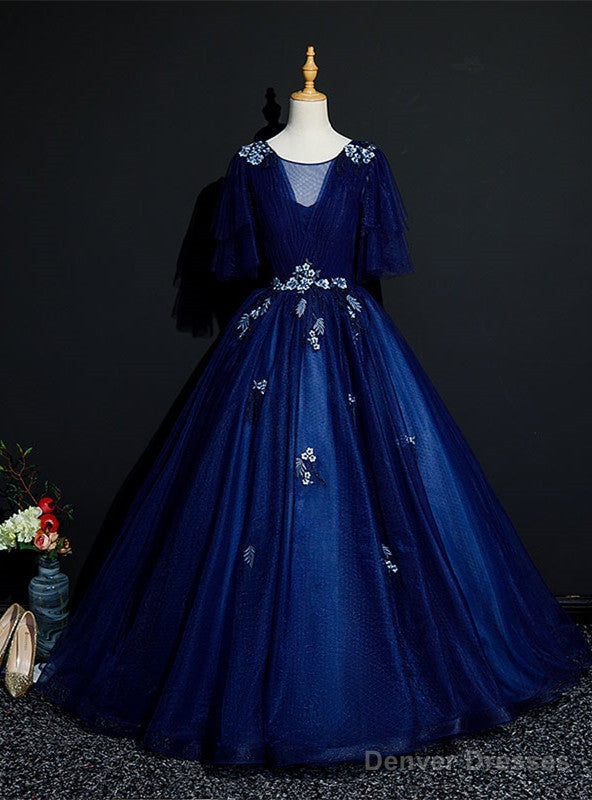 Navy Blue Tulle Appliques Short Sleeve Quinceanera Dress Main image