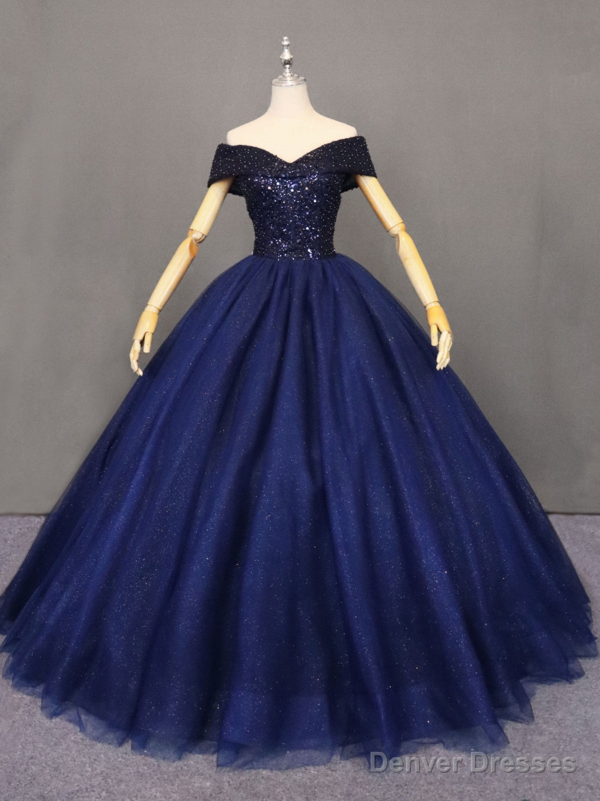Navy Blue Tulle Beaded Ball Gown Sweet 16 Dress, Blue Tulle Prom Dress Party Dress Main image