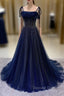 Navy Blue Tulle Beaded Long Prom Dress Evening Dress
