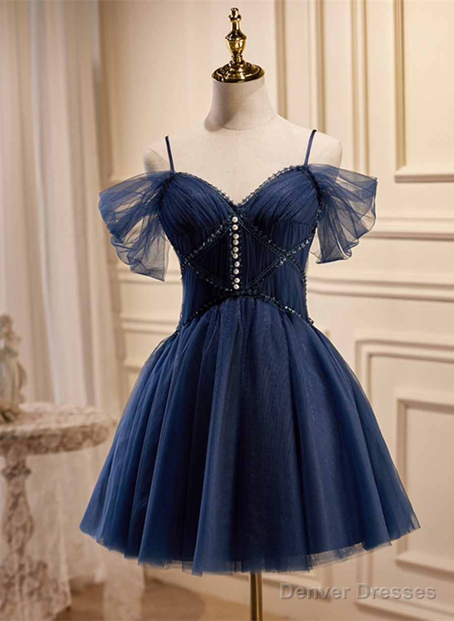 Navy Blue Tulle Beaded Short Prom Dress, Blue Tulle Off Shoulder Homecoming Dress Secondary image