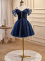 Navy Blue Tulle Beaded Short Prom Dress, Blue Tulle Off Shoulder Homecoming Dress