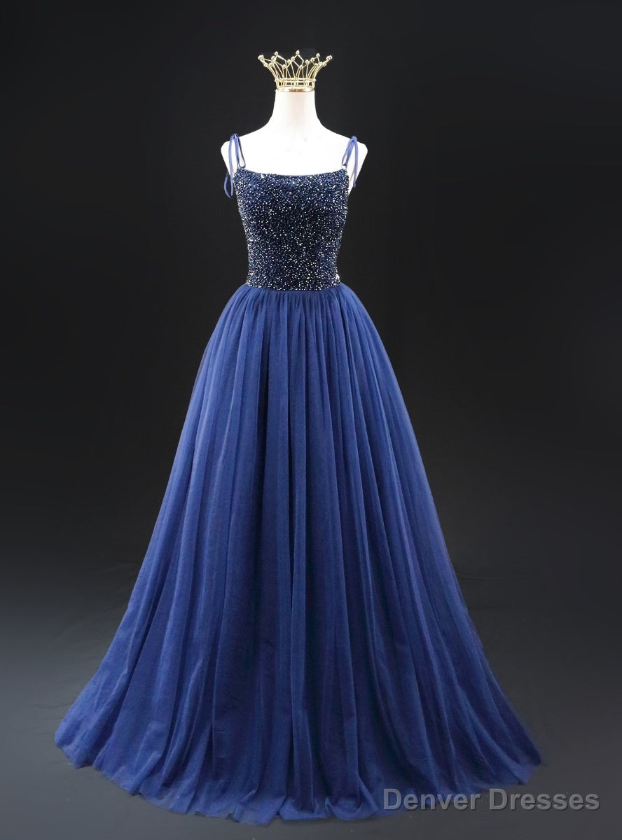 Navy Blue Tulle Beading Spaghetti Straps Prom Dress Main image
