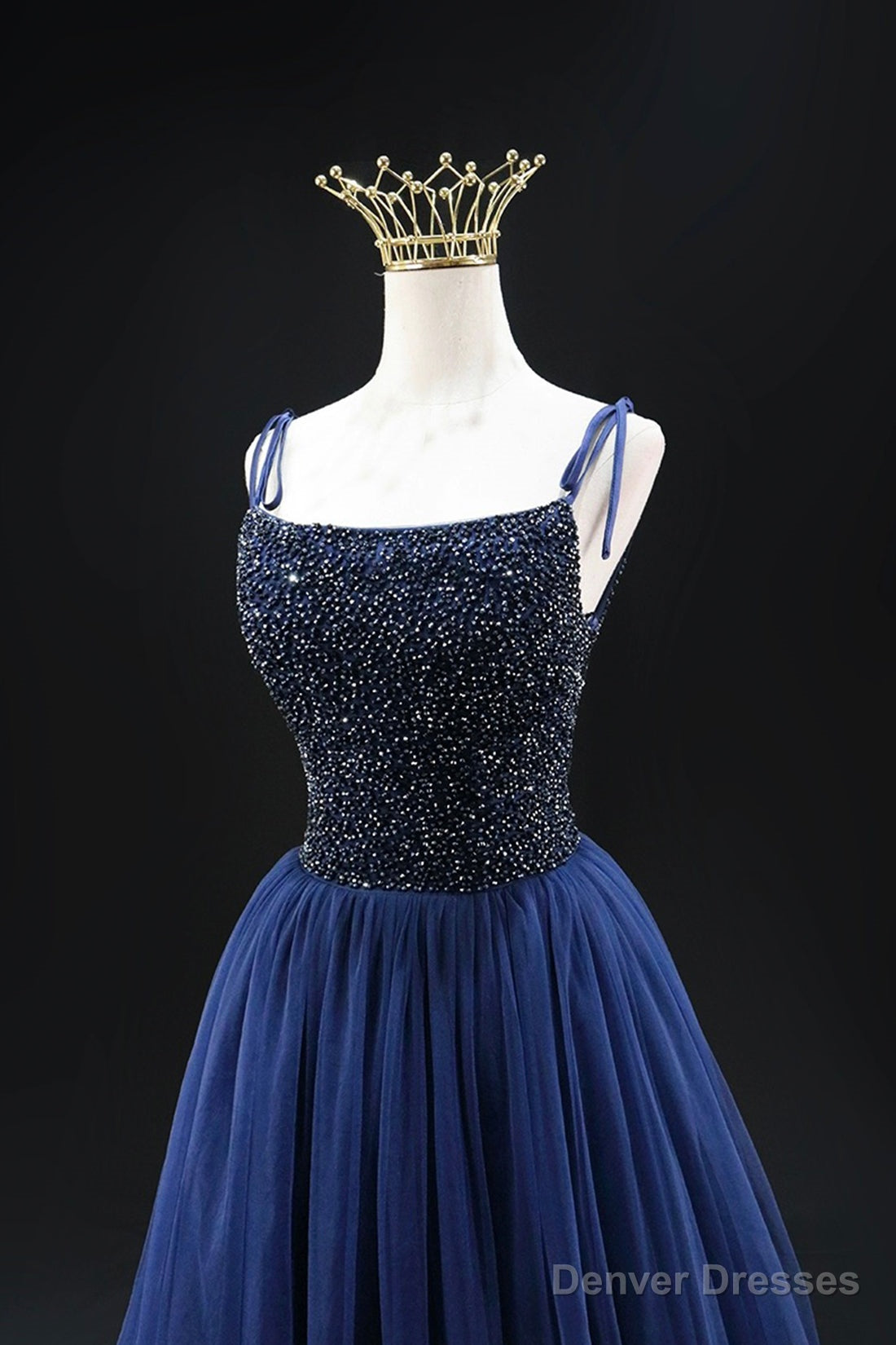 Navy Blue Tulle Beads Long A-Line Prom Dress, Elegant Spaghetti Strap Backless Evening Dress Secondary image