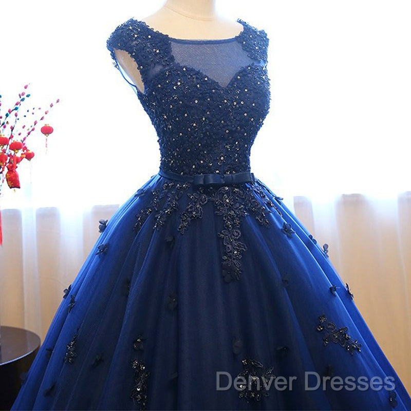 Navy Blue Tulle Cap Sleeves Quinceanera Dress, Blue Beaded Ball Gown Party Dress