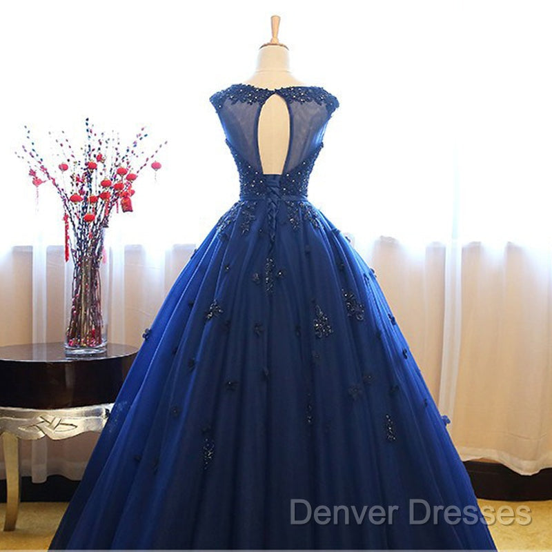 Navy Blue Tulle Cap Sleeves Quinceanera Dress, Blue Beaded Ball Gown Party Dress