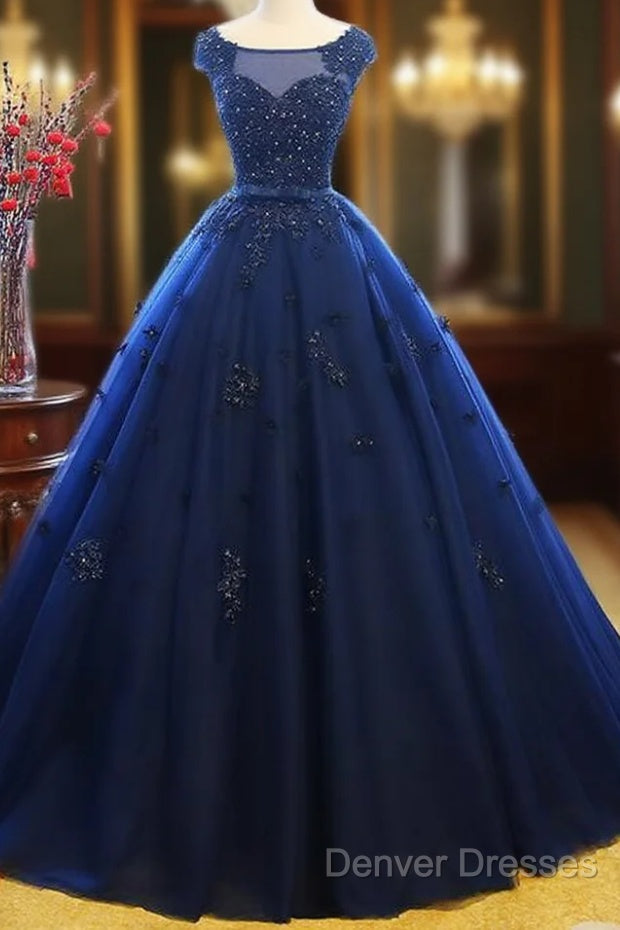 Navy Blue Tulle Cap Sleeves Quinceanera Dress, Blue Beaded Ball Gown Party Dress Main image