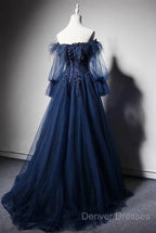 Navy Blue Tulle Lace Beading Off-Shoulder Formal Evening Dress Prom Dress