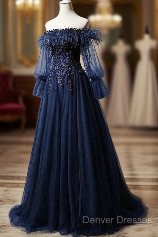 Navy Blue Tulle Lace Beading Off-Shoulder Formal Evening Dress Prom Dress Main image