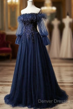 Navy Blue Tulle Lace Beading Off-Shoulder Formal Evening Dress Prom Dress