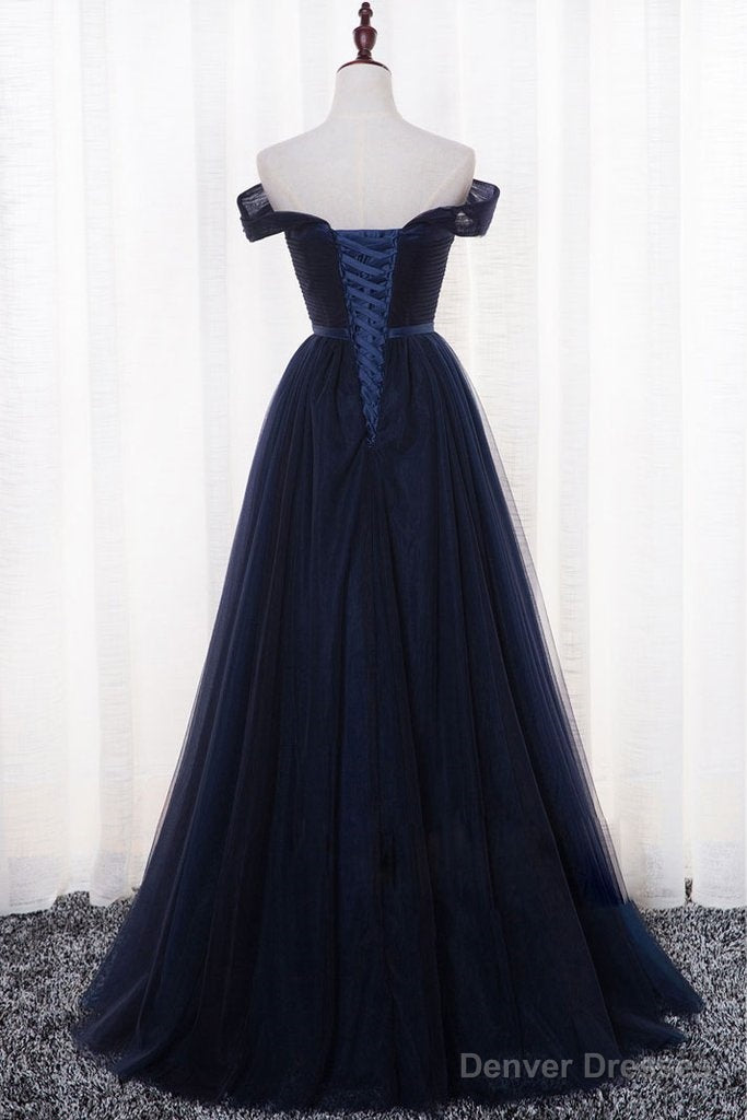 Navy Blue Tulle Long Party Dress, Simple Off Shoulder Blue Bridesmaid Dress Secondary image