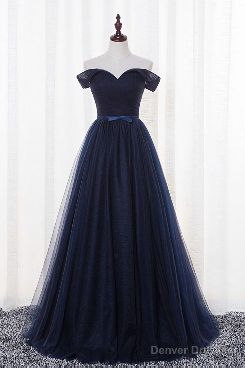 Navy Blue Tulle Long Party Dress, Simple Off Shoulder Blue Bridesmaid Dress Main image