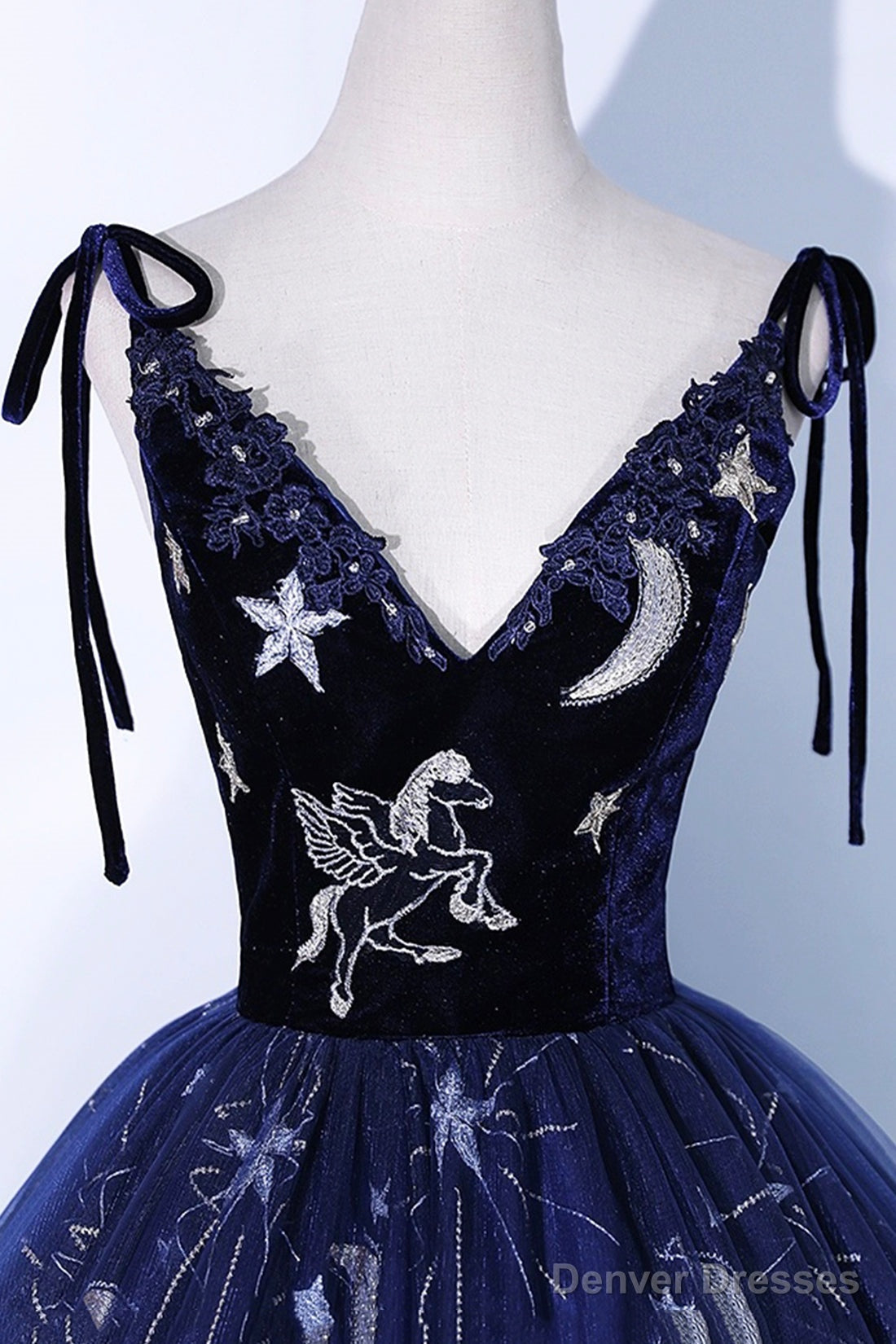 Navy Blue Tulle Long Prom Dress, Spaghetti Straps Lace Flower Backless Formal Dress Secondary image