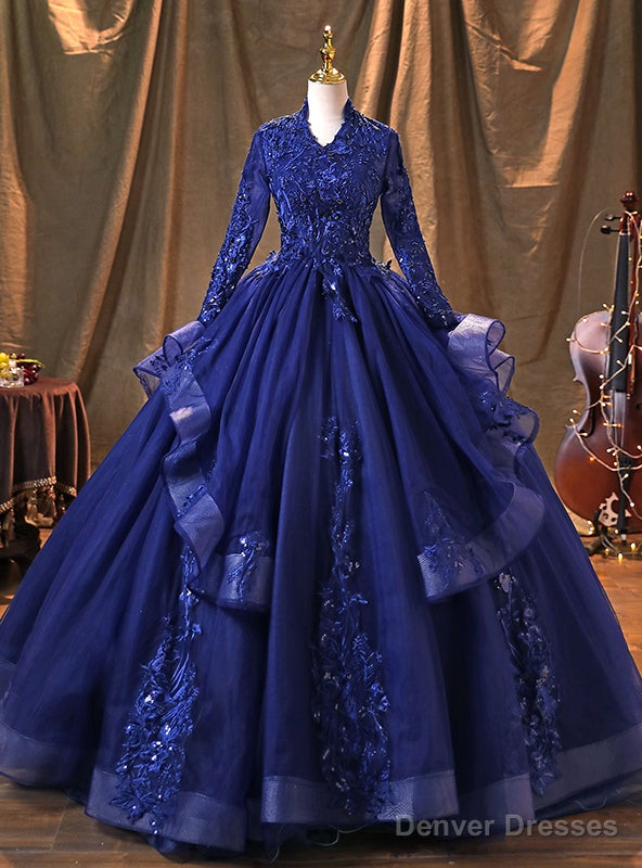 Navy Blue Tulle Long Sleeve Appliques Beading Quinceanera Dress Main image