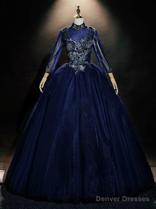 Navy Blue Tulle Long Sleeve Appliques Quinceanera Dress Main image