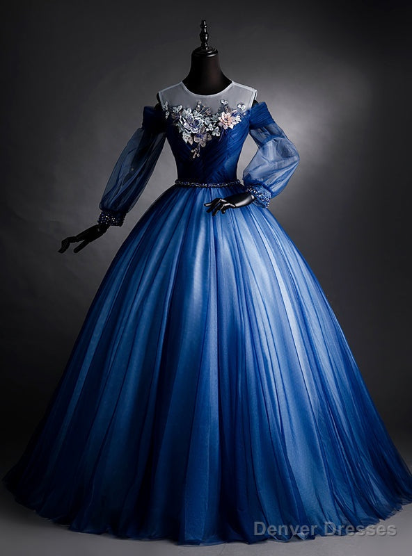 Navy Blue Tulle Long Sleeve Backless Quinceanera Dress Main image