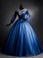 Navy Blue Tulle Long Sleeve Backless Quinceanera Dress