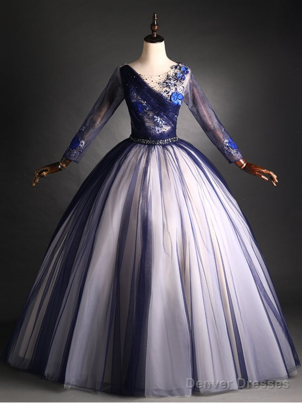 Navy Blue Tulle Long Sleeve Beading Sequins Quinceanera Dress Main image