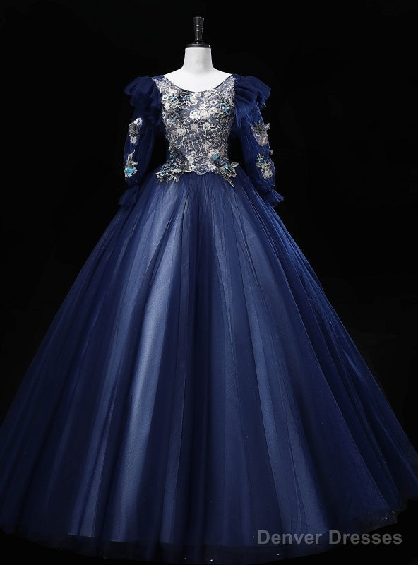 Navy Blue Tulle Long Sleeve Embroidery Sequins Quinceanera Dress Main image