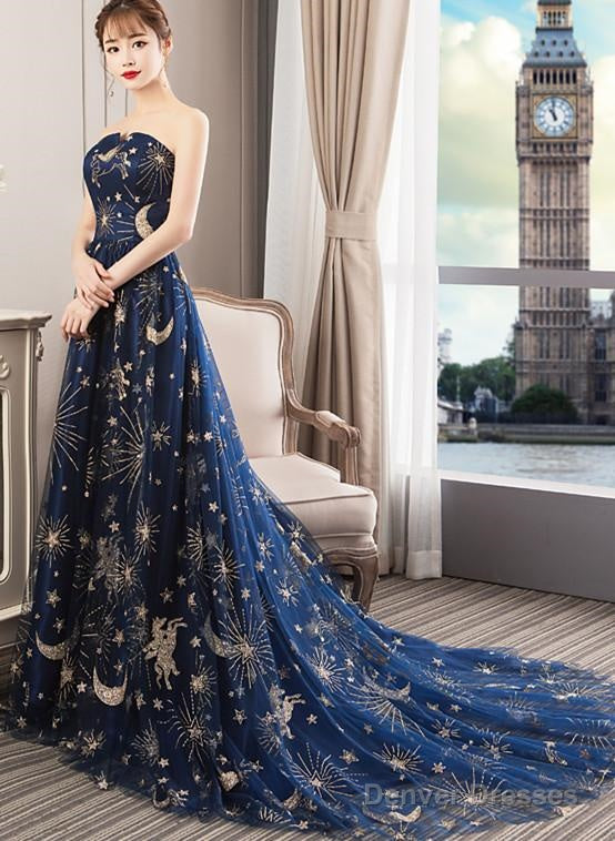 Navy Blue Tulle Mesh Long Off Shoulder Formal Dress, Blue New Style Party Dress Prom Dress Main image