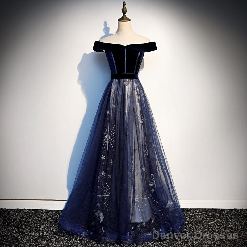 Navy Blue Tulle Off Shoulder Velvet Top Long Party Dress, Blue Evening Dress Prom Dress Main image