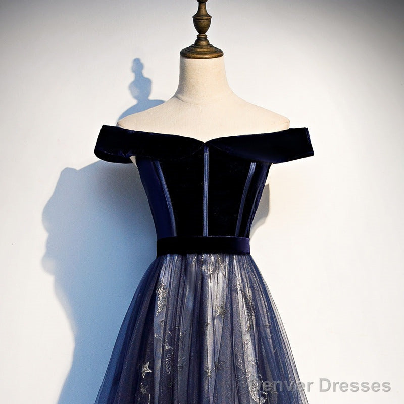 Navy Blue Tulle Off Shoulder Velvet Top Long Party Dress, Blue Evening Dress Prom Dress