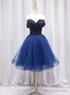 Navy Blue Tulle Off the Shoulder Beading Homecoming Dress