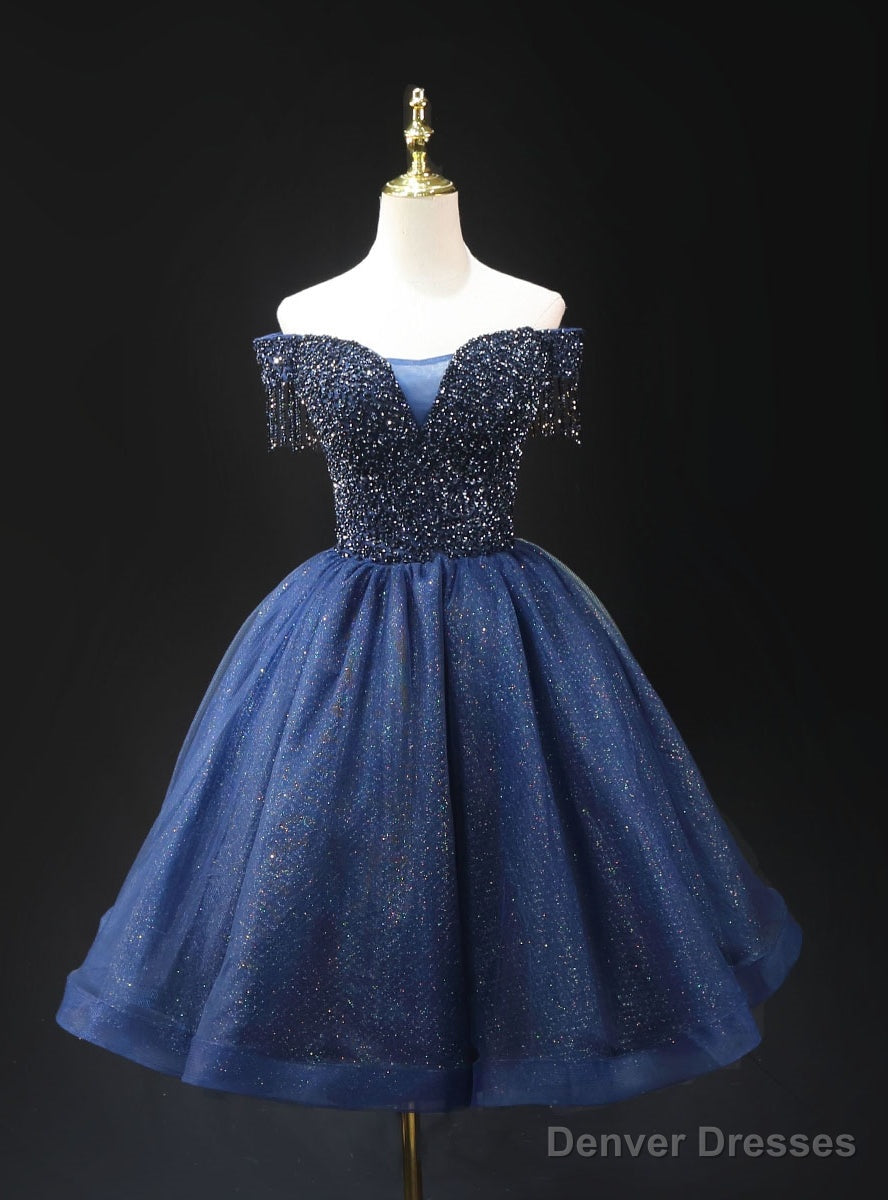 Navy Blue Tulle Off the Shoulder Homecoming Dress Main image