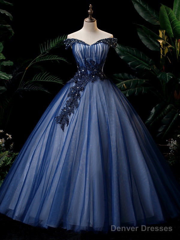 Navy Blue Tulle Off The Shoulder Sequins Beading Quinceanera Dress Main image
