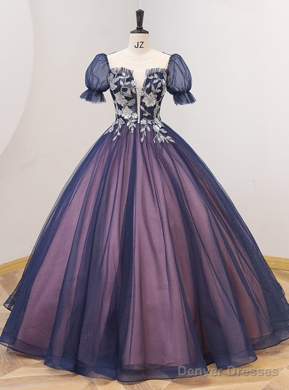 Navy Blue Tulle Puff Sleeve Beading Quinceanera Dress Main image