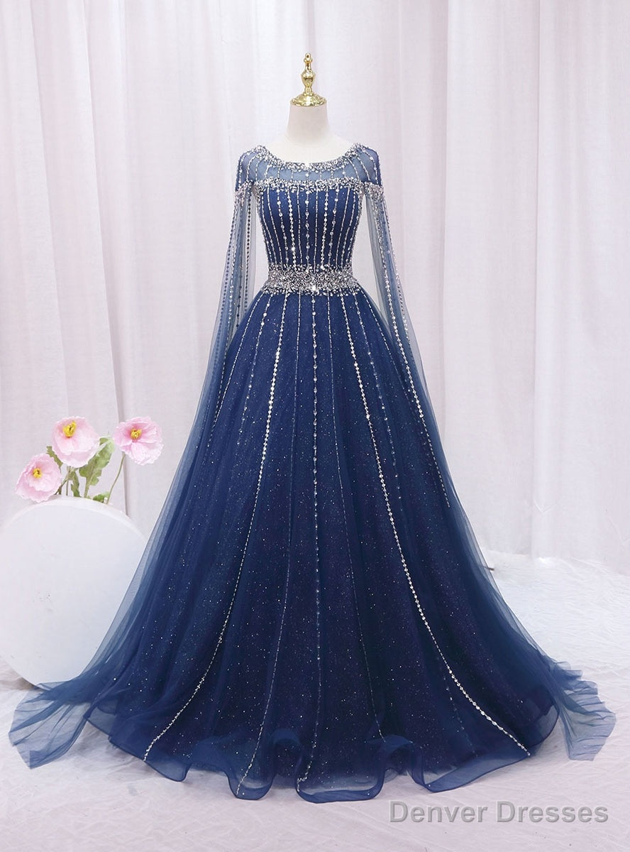 Navy Blue Tulle Sequins Beading Cap Sleeve Prom Dress Main image