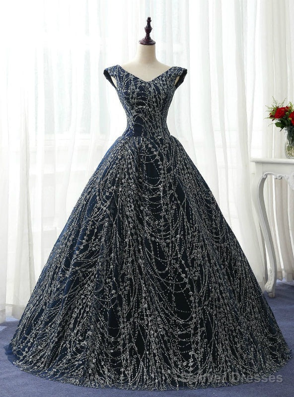 Navy Blue Tulle Sequins Bling Bling Quinceanera Dresses Main image