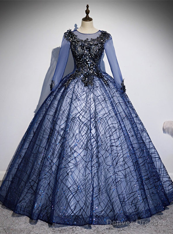 Navy Blue Tulle Sequins Long Sleeve Appliques Quinceanera Dress Main image