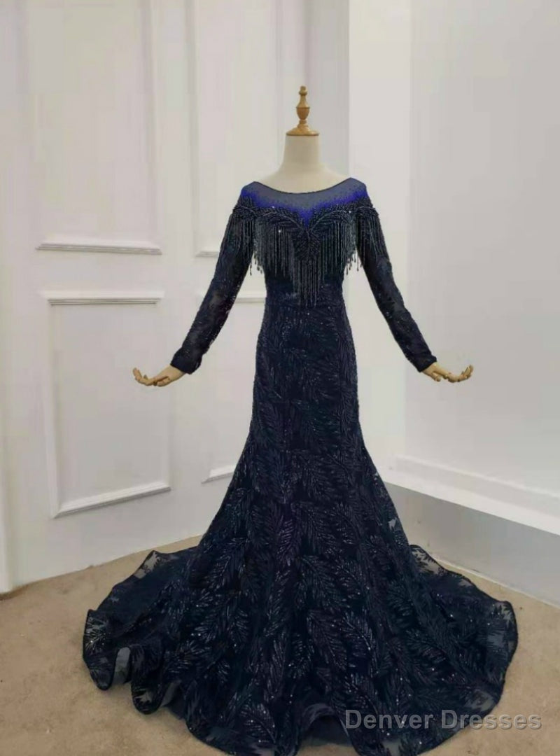 Navy Blue Tulle Sequins Long Sleeve Beading Prom Dress Main image
