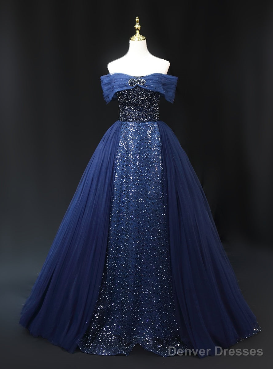 Navy Blue Tulle Sequins Off the Shoulder Beading Prom Dress Main image