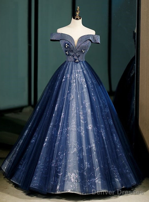Navy Blue Tulle Sequins Off the Shoulder Beading Quinceanera Dress Main image